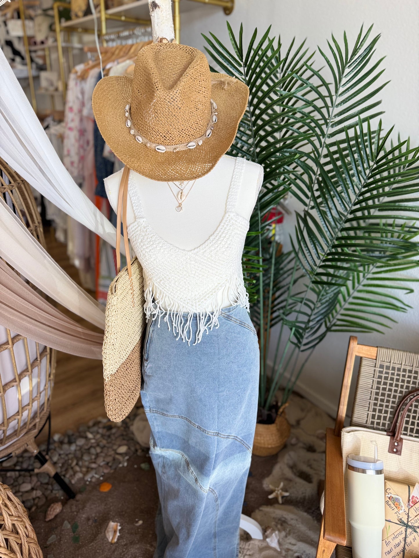 Straw Weave Cowrie Shell Rope Strap Cowboy Hat