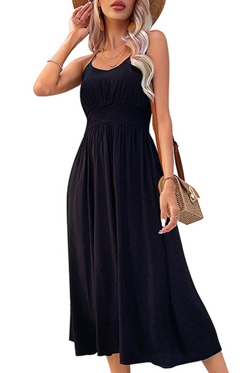 TIGHTEN WAIST CROSS BACK STRAP MIDI DRESS