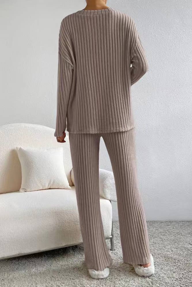 Solid Color 2pcs V Neck Rib Long Sleeves Top With Pants