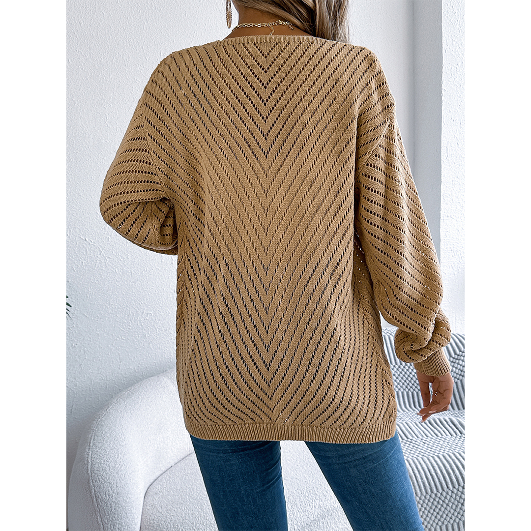 Casual Solid Color Hollow Long Sleeve Knit Cardigan