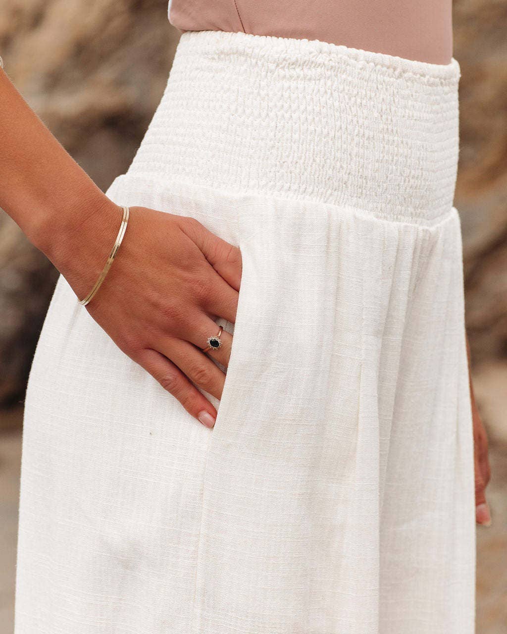 Smocked Elastic Waist Casual Wide Leg Pants