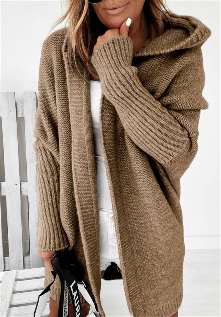 Plain exposed seam Hooded knit long cardigan coat