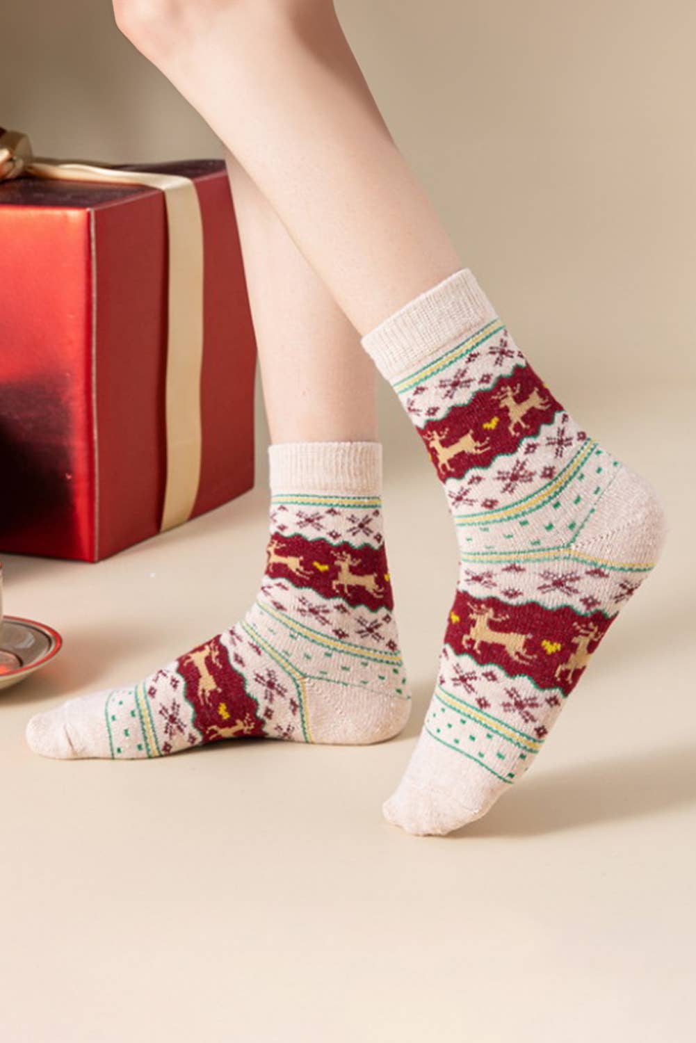 Reindeer Christmas Print Socks | 5 Pairs in A Box