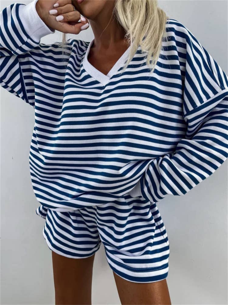 Striped V-Neck Oversized Sweatshirt And Shorts Set