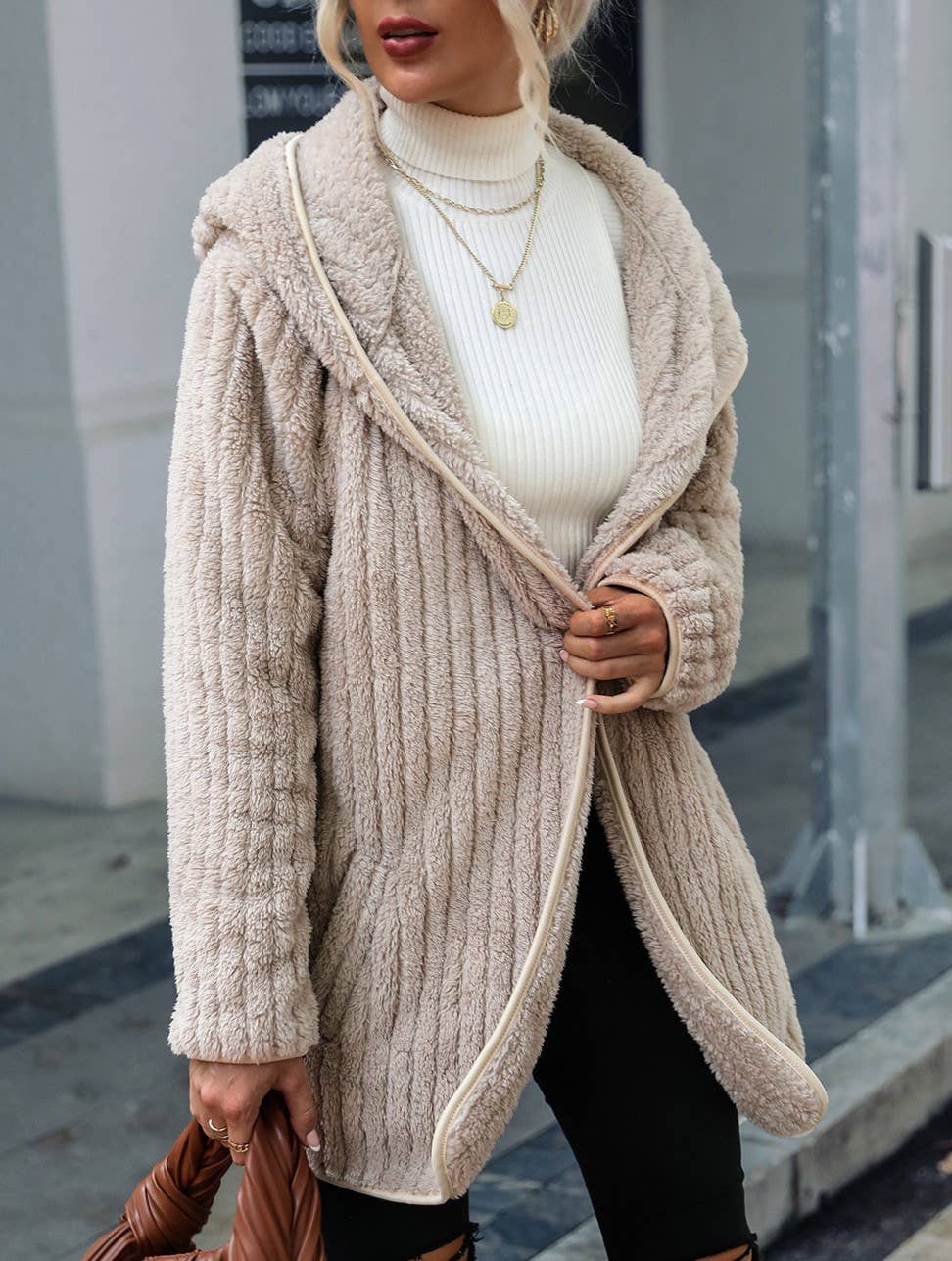 Hooded Loose Plush Buttonless Cardigan