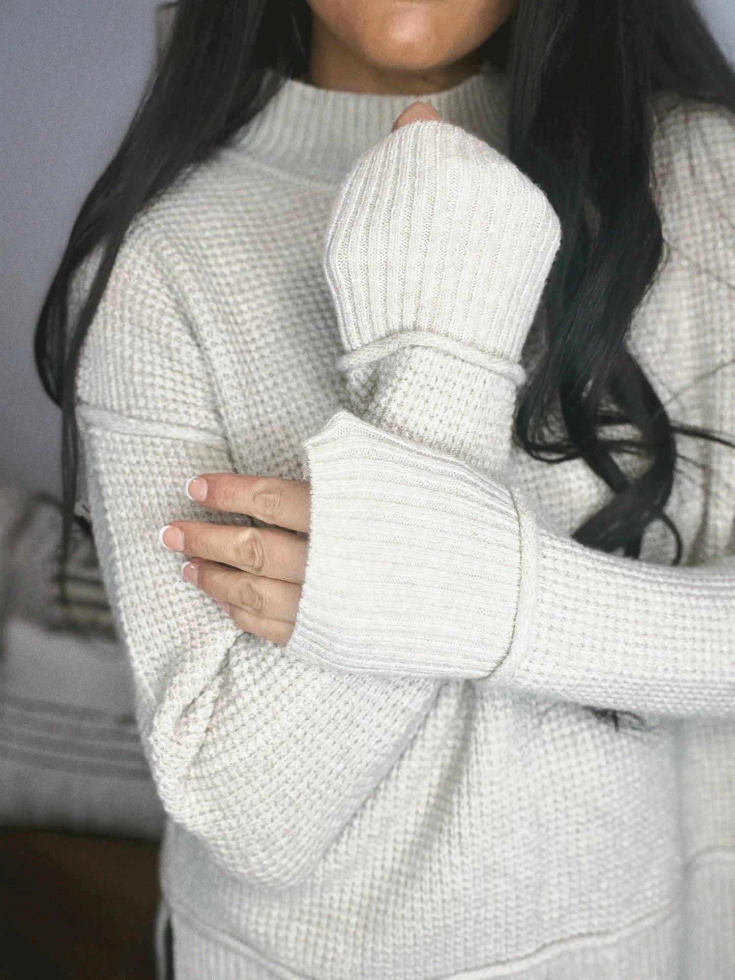Knit Ribbed High Neck Drop Shoulder Sweater