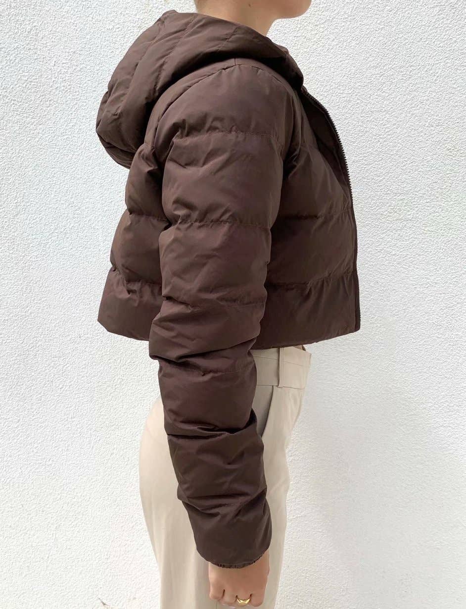Hooded puffer zip up crop jacket