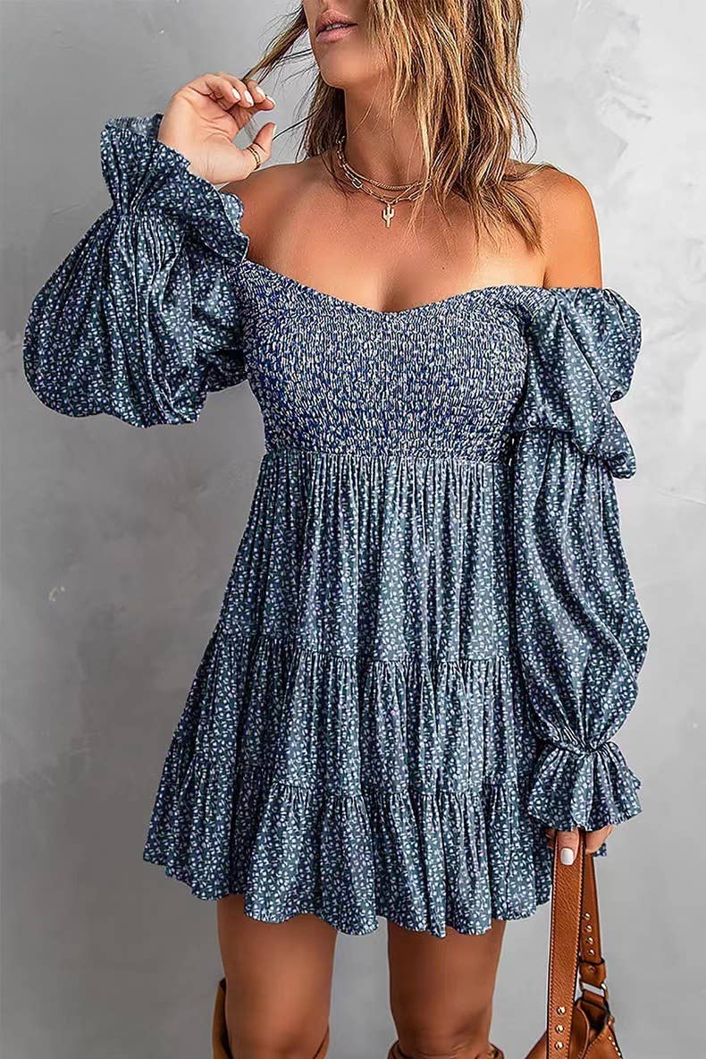 Smocked Lantern Sleeves Floral Tiered Dress