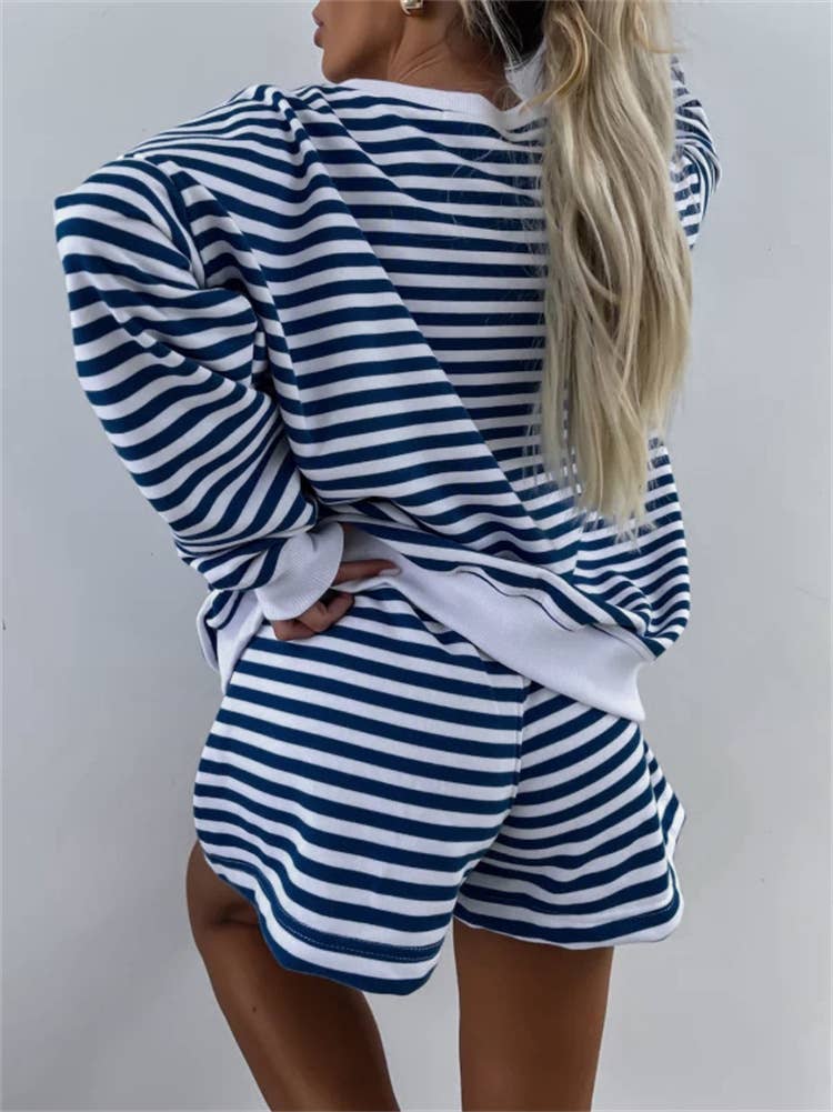 Striped V-Neck Oversized Sweatshirt And Shorts Set