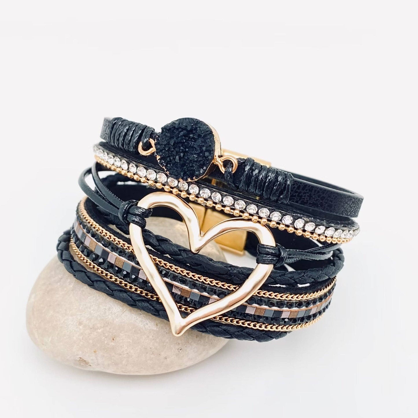 Multi-Layer Heart Charm Bangle Bracelets