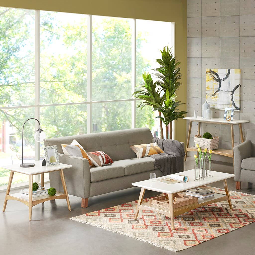 Midcentury Natural Wood Side Table with Bottom Shelf