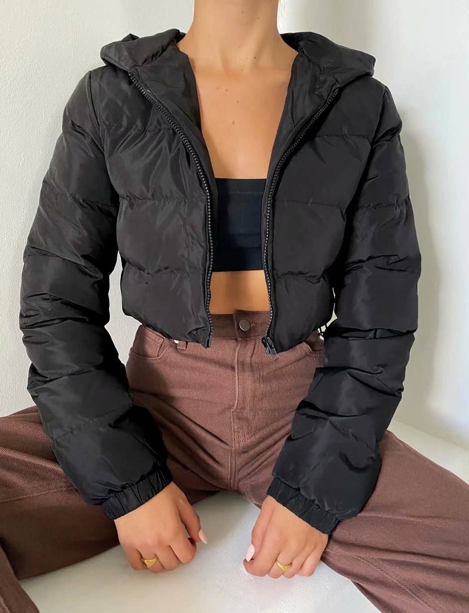 Hooded puffer zip up crop jacket