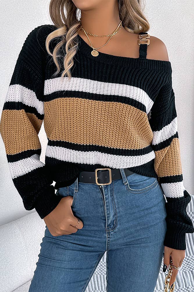 Metal Buckle Color Block Knitting Sweater