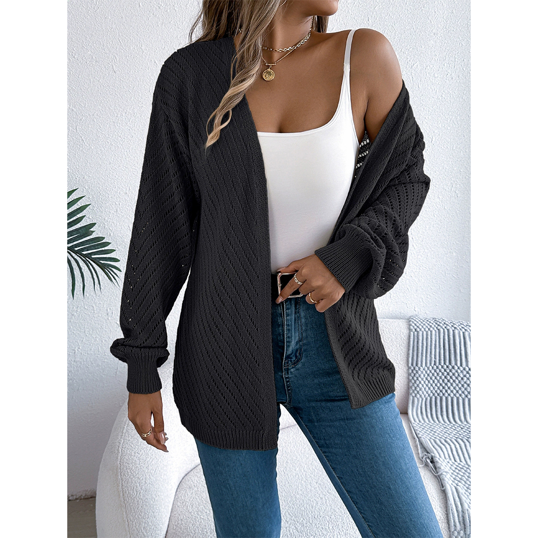 Casual Solid Color Hollow Long Sleeve Knit Cardigan