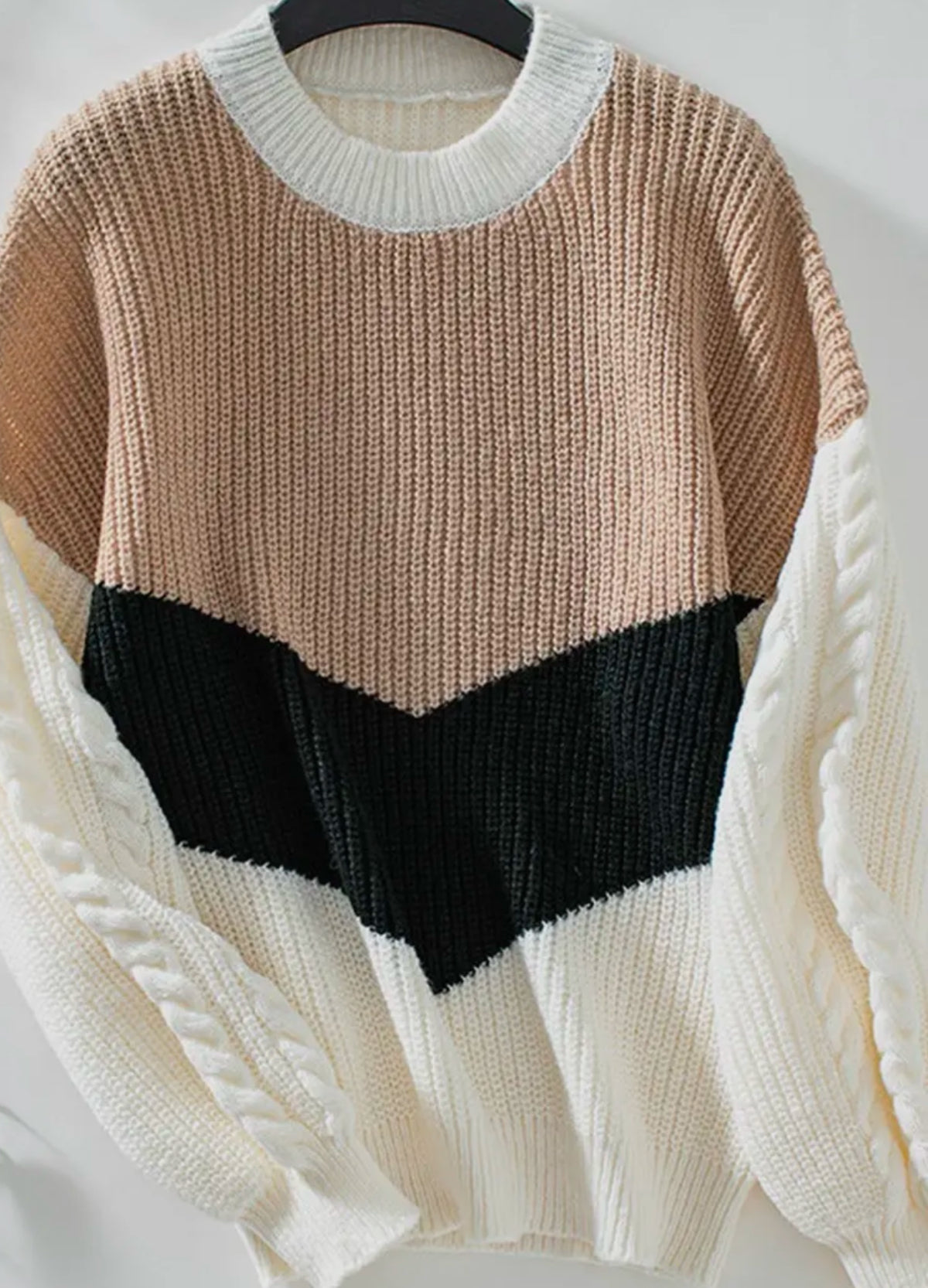 Contrast Crew-Neck Loose Cable Knit Sweater