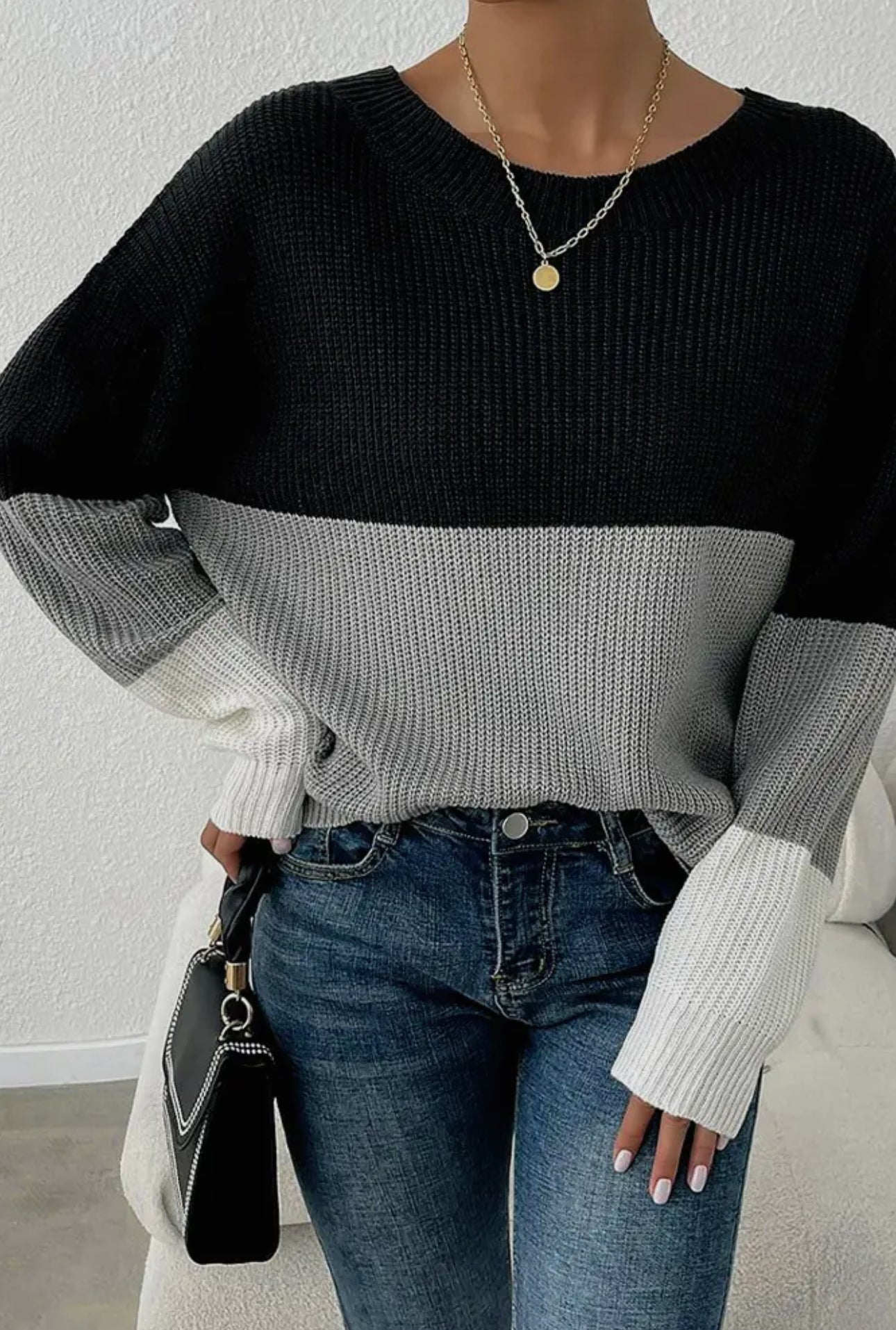 Color Block Knitting Long Sleeve Top
