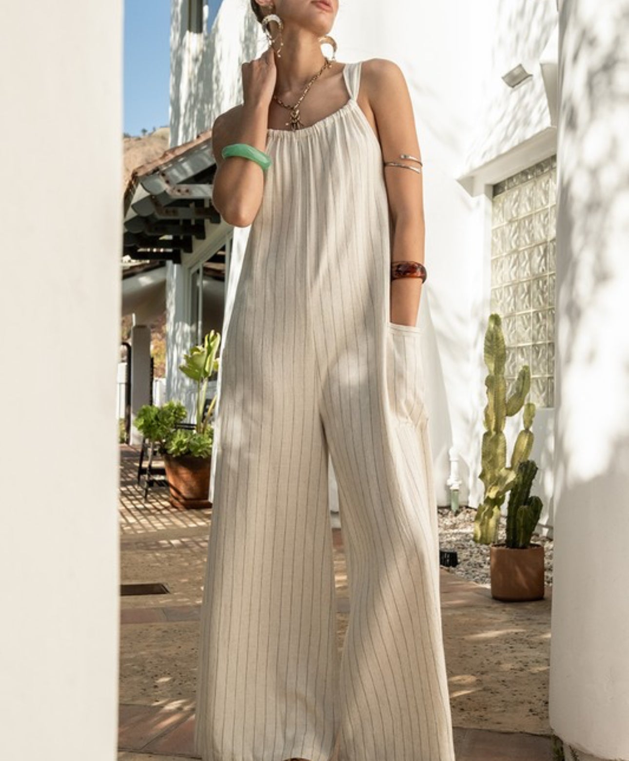 Striped Linen Wide Leg Jumpsuit