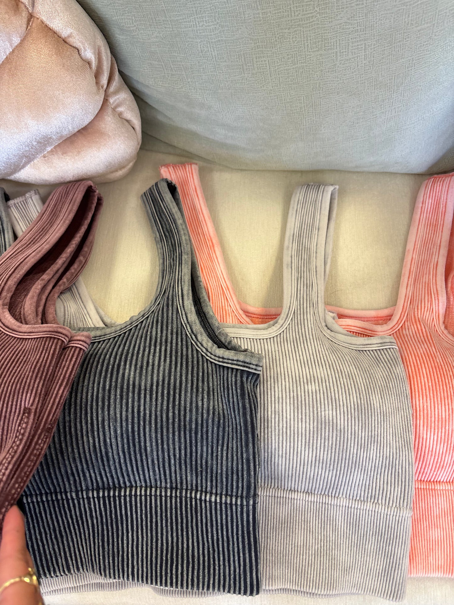 Square neck Washed Seamless Rib Tank Top w/ Bra Pads