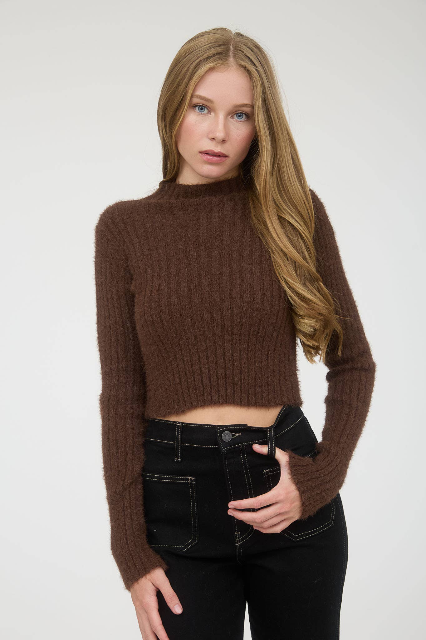 MOCK NECK FUZZY RIBBED KNIT CROPPED SWEATER