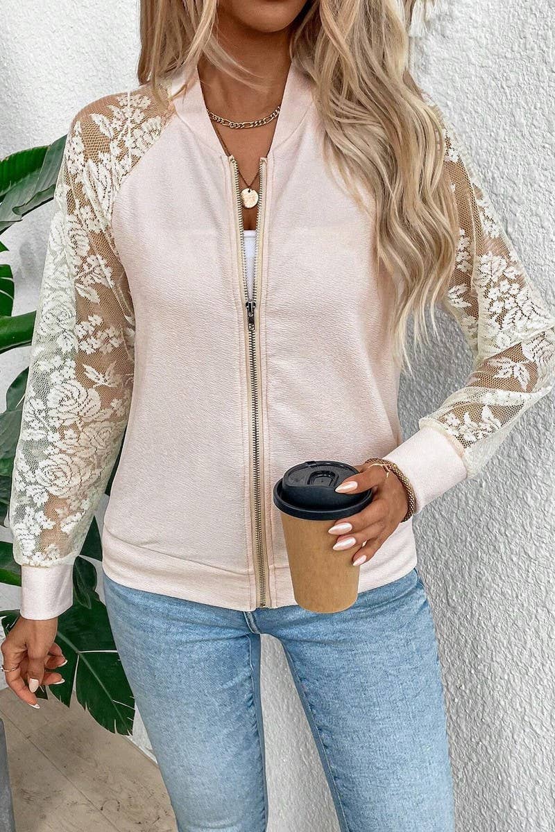 LACE PANEL LONG SLEEVE BASEBALL COLLAR JACKET TOP
