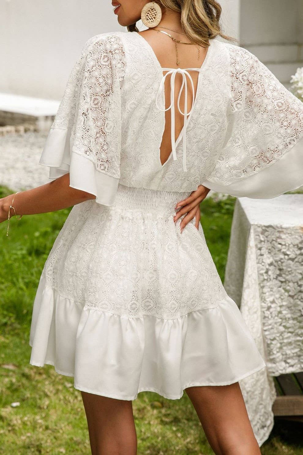 Crochet lace bat wing sleeve mini dress
