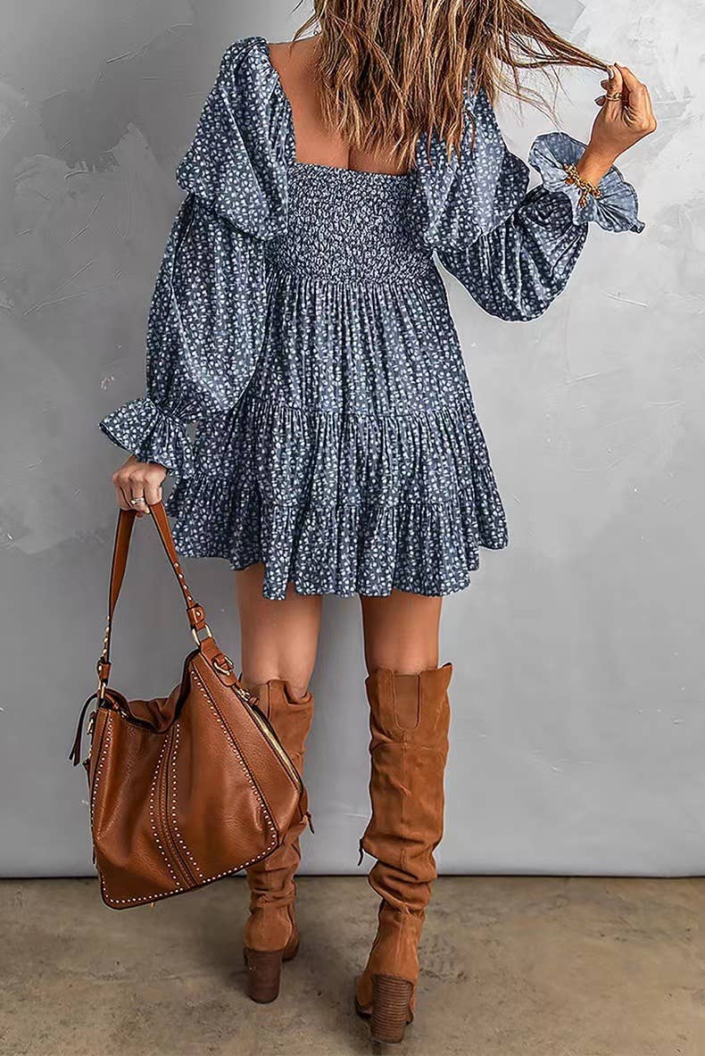 Smocked Lantern Sleeves Floral Tiered Dress