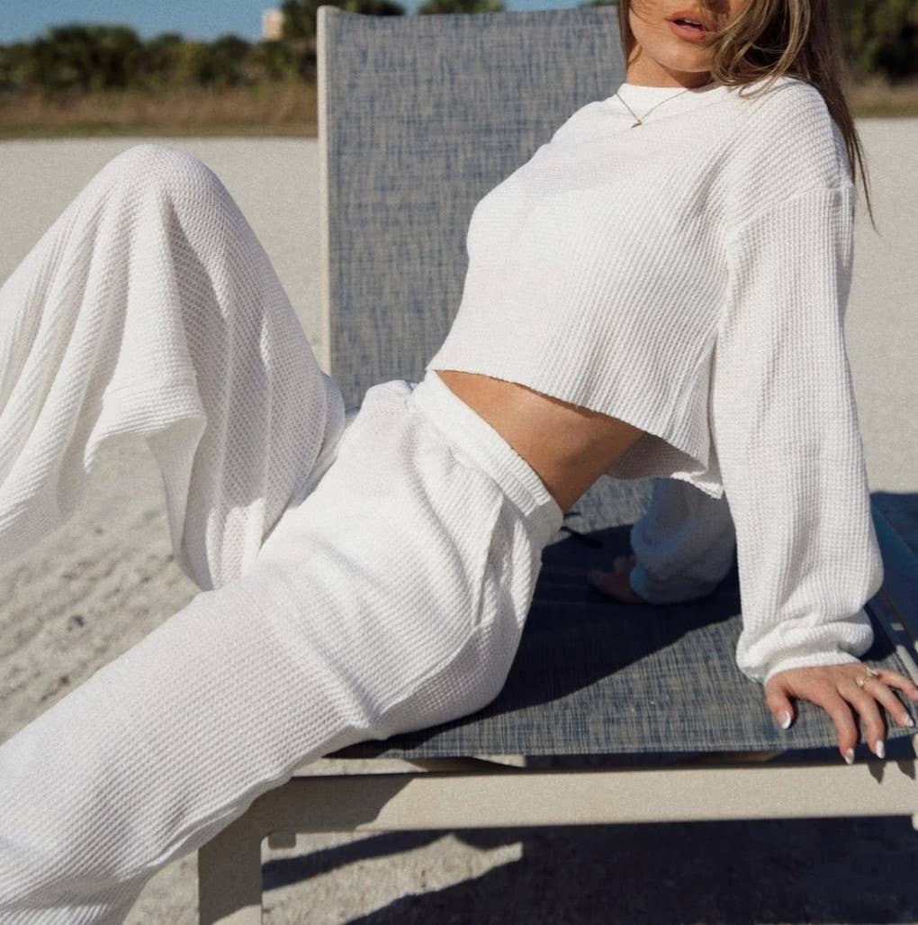 2piece Waffle Long Sleeve Crop Top & Wide Leg Pant Set