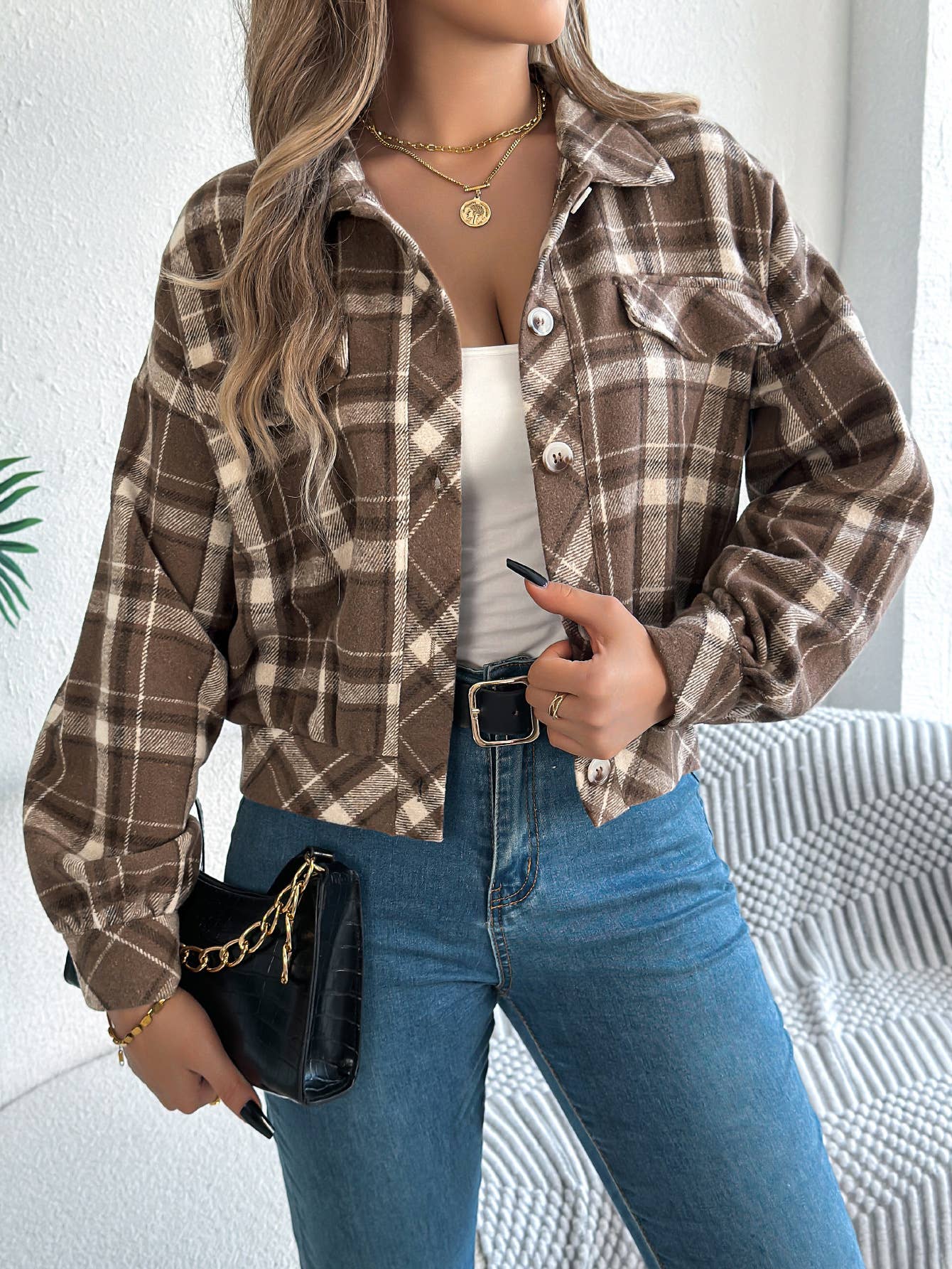 Cropped Color-Blocked Plaid Long-Sleeved Jacket