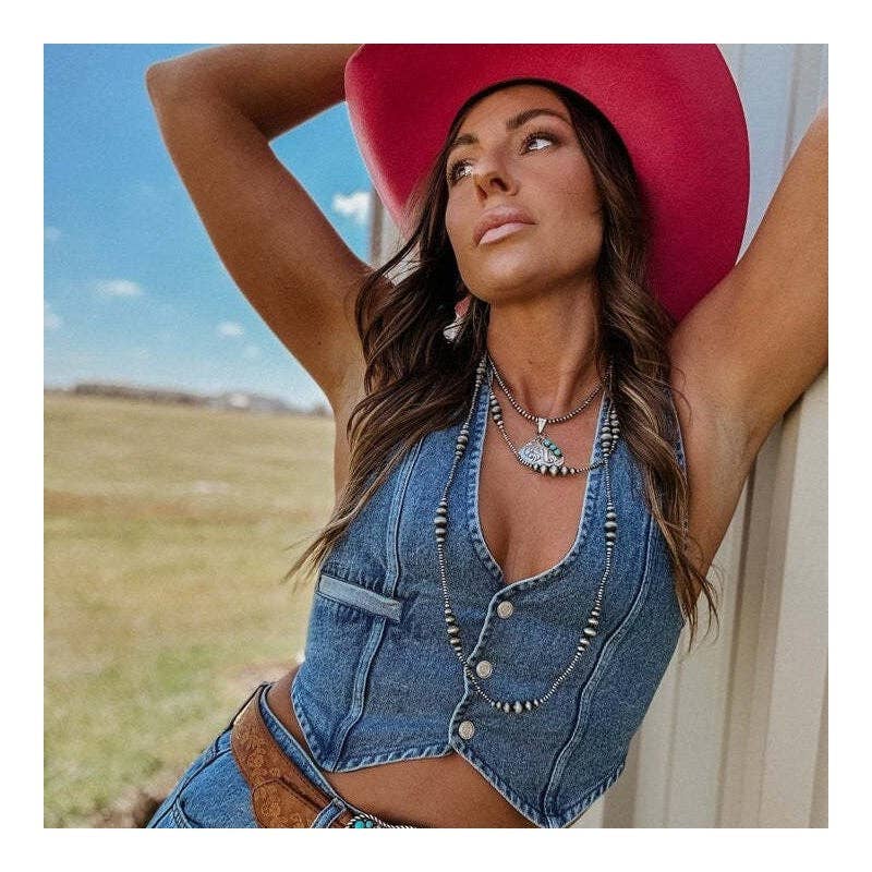 Sleeveless V-Neck Denim Vest In Solid Color