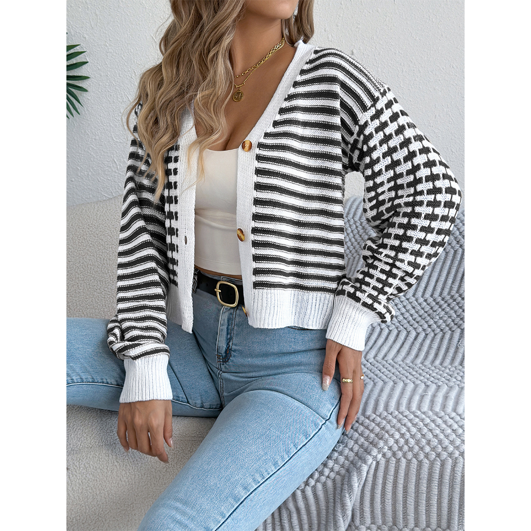Colorblock Striped Lantern Sleeve Sweater