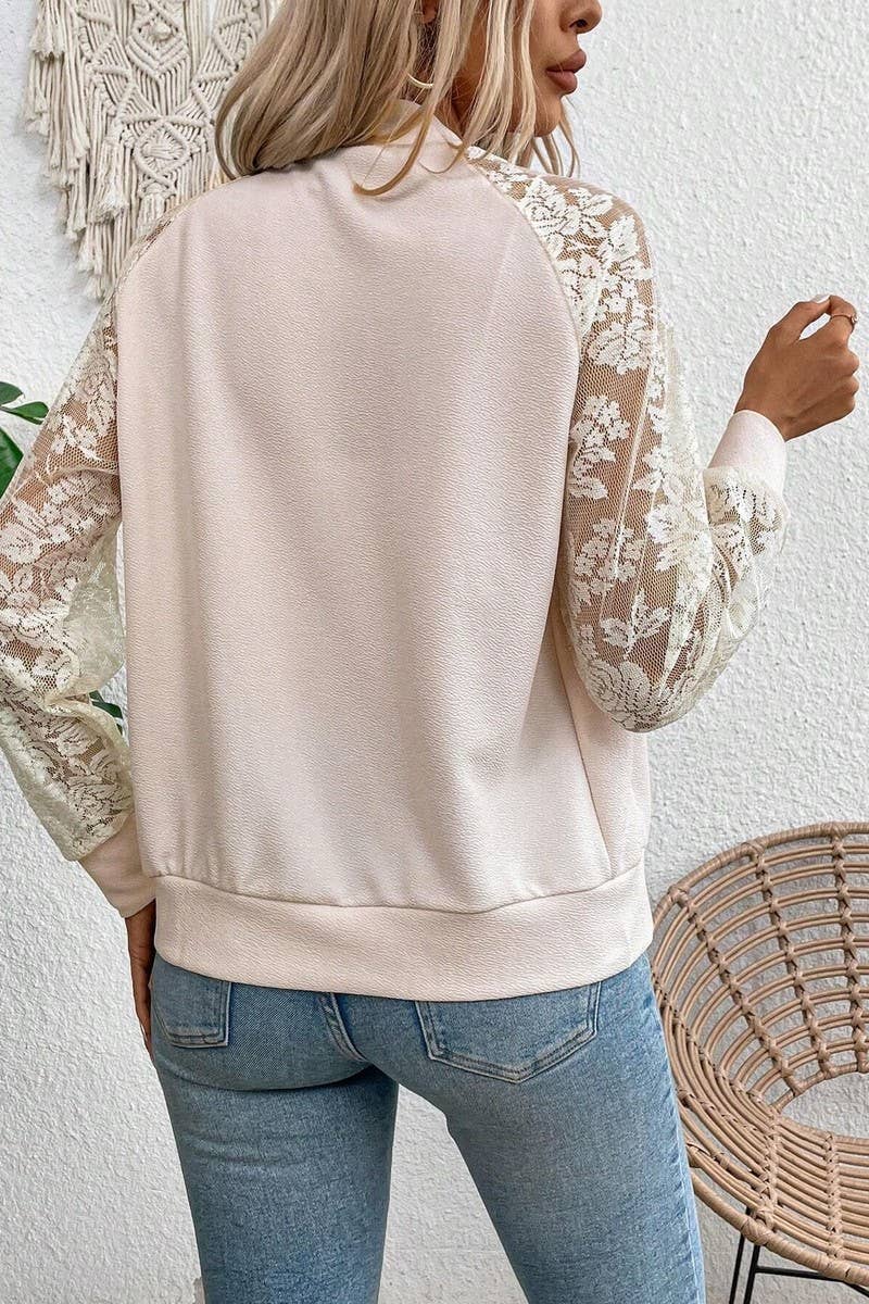 LACE PANEL LONG SLEEVE BASEBALL COLLAR JACKET TOP