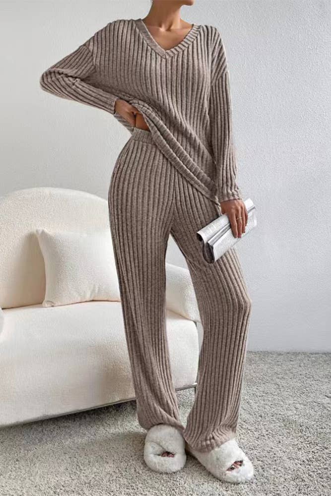 Solid Color 2pcs V Neck Rib Long Sleeves Top With Pants