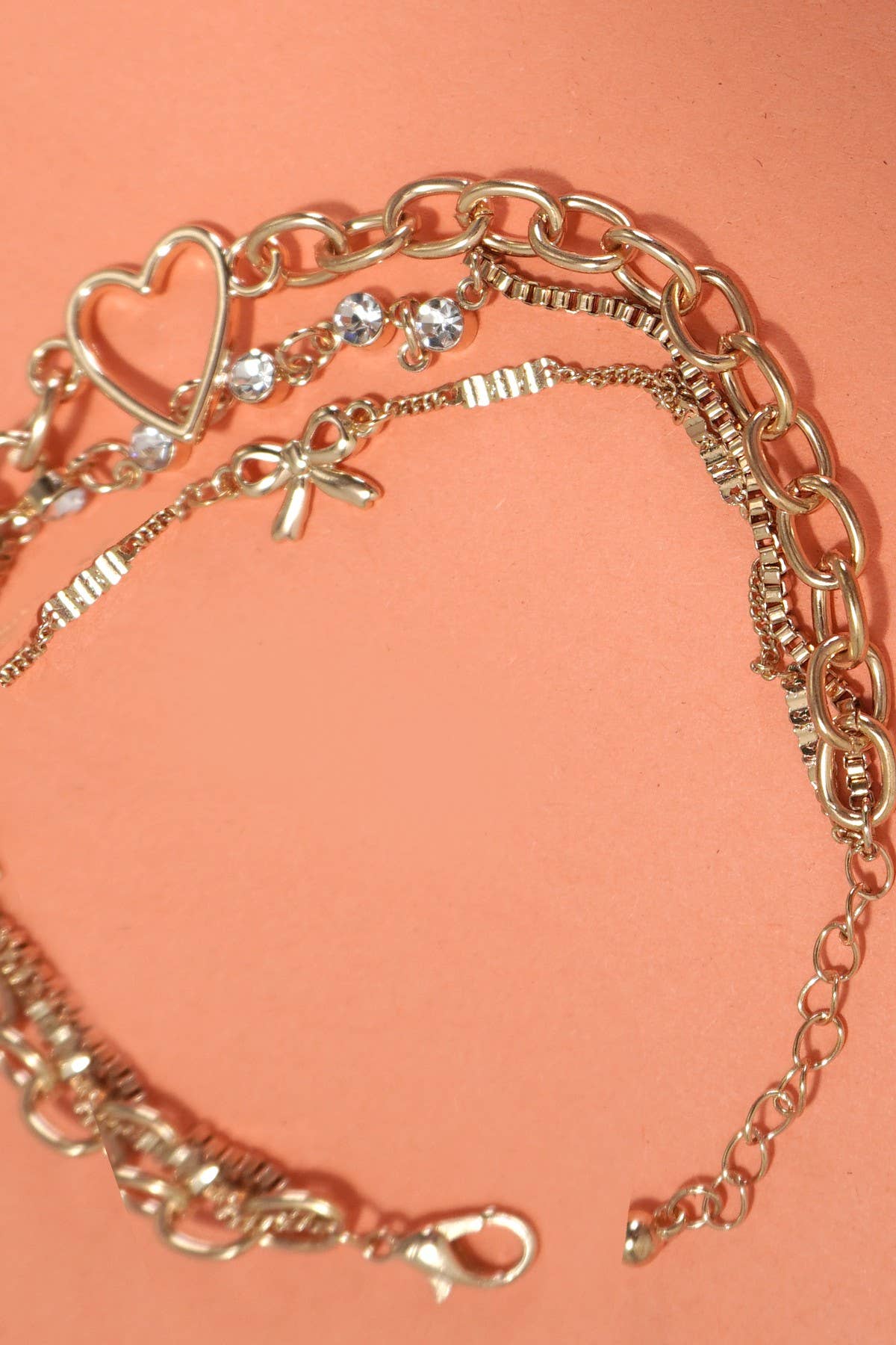 MULTI LAYER BOW HEART STATION RHINESTONE BRACELET