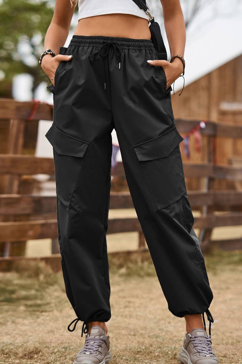 LACE UP DRAWSTRING ELASTIC WAIST CASUAL PANTS
