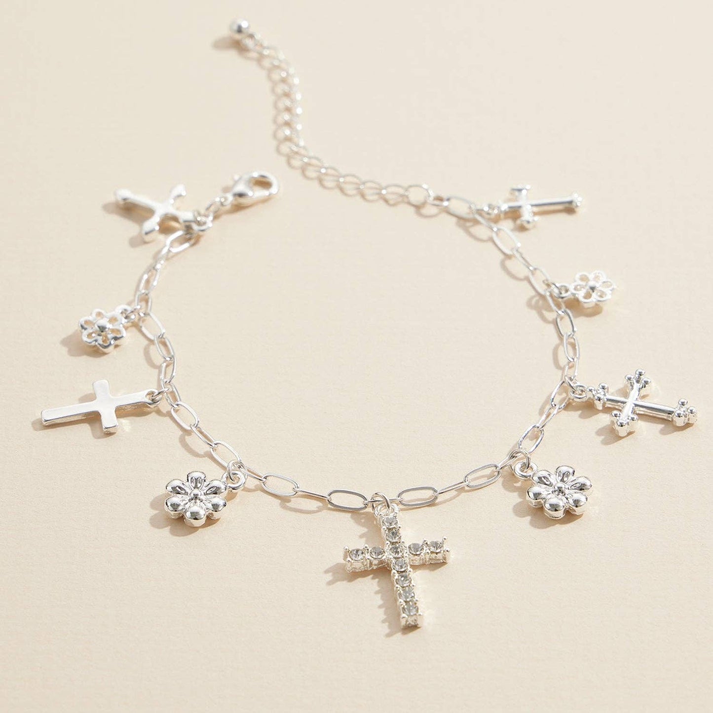 Silver Charm Bracelet with Cross & Floral Pendants