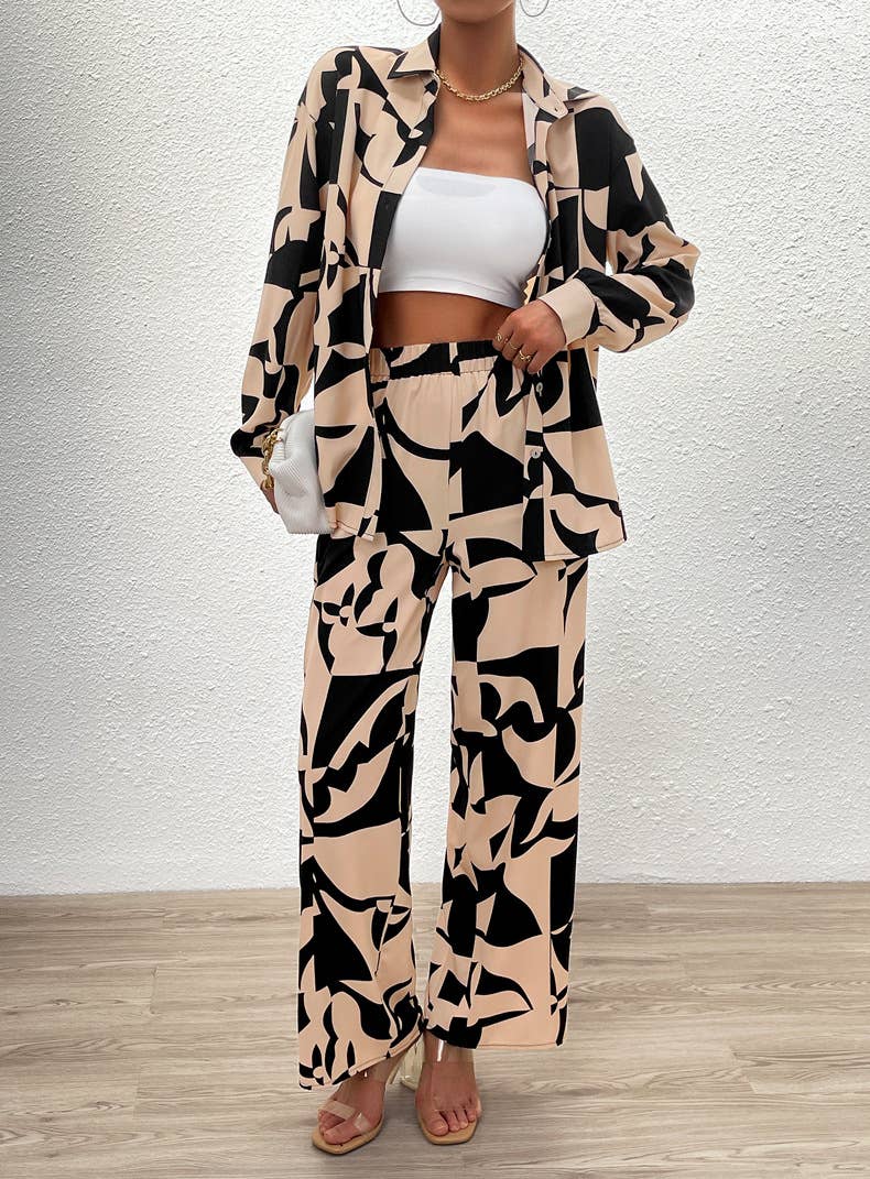 Printed Long-Sleeved Shirt And Trousers Two-Piece Set