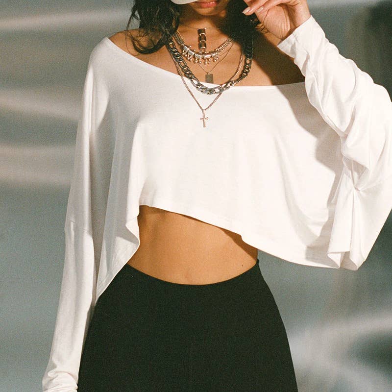 Solid slanted shoulder crop top T-shirt