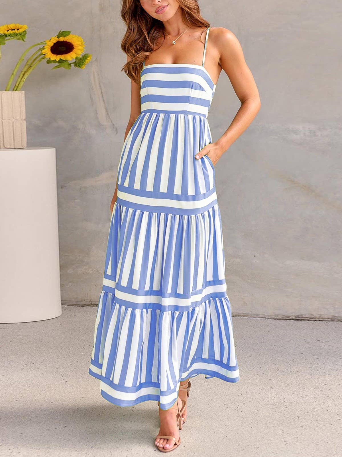 Striped Print Slip Back Pocket Dress