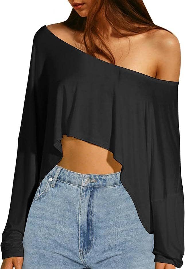 Solid slanted shoulder crop top T-shirt