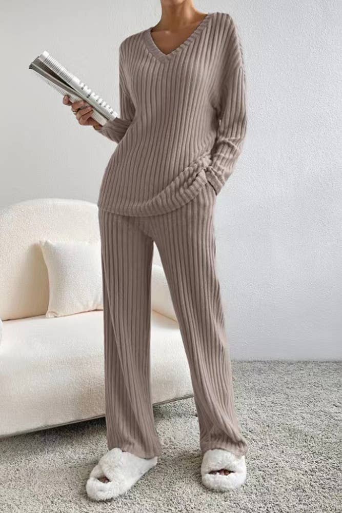 Solid Color 2pcs V Neck Rib Long Sleeves Top With Pants