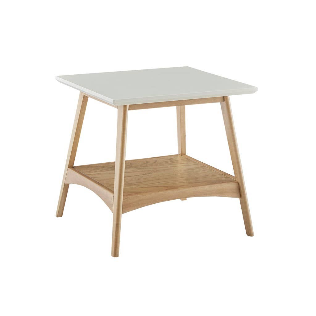 Midcentury Natural Wood Side Table with Bottom Shelf