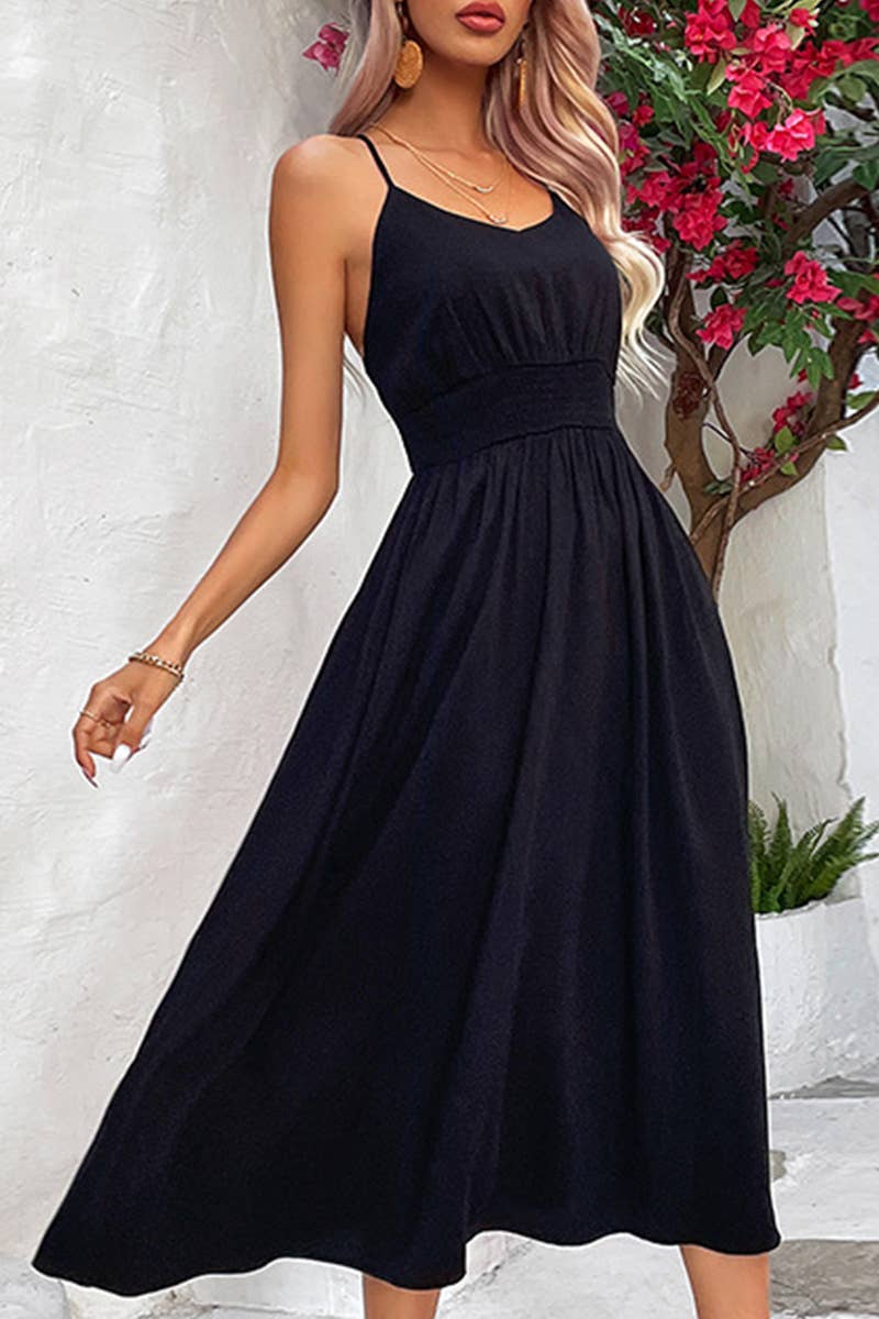TIGHTEN WAIST CROSS BACK STRAP MIDI DRESS