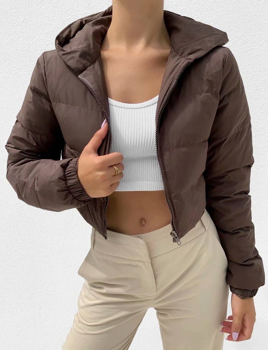 Hooded puffer zip up crop jacket