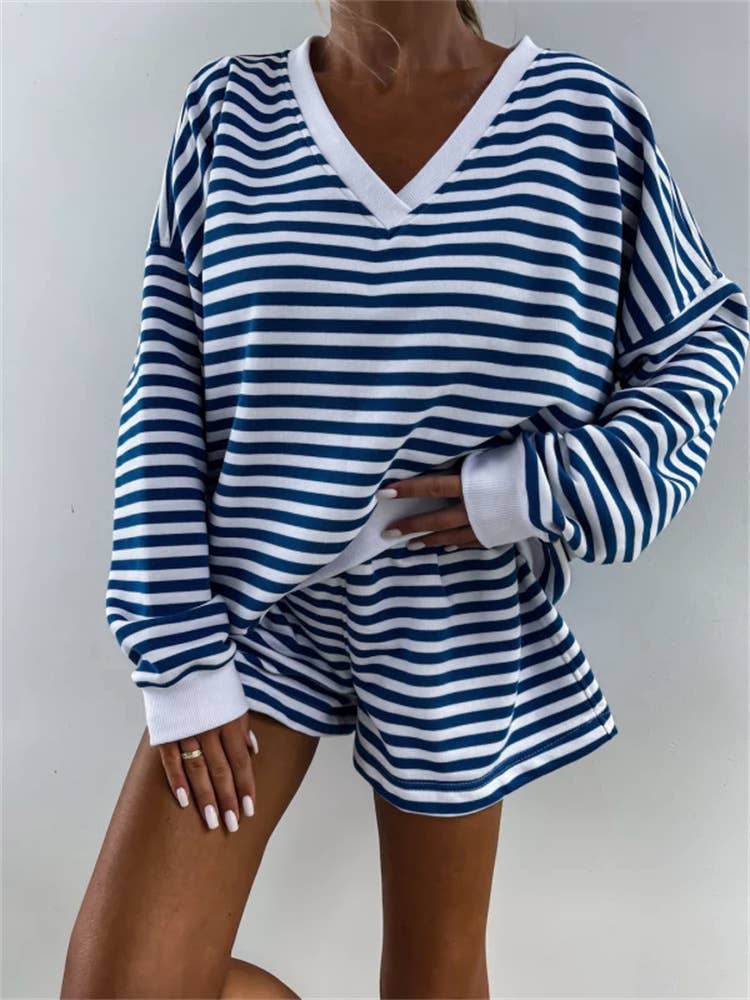 Striped V-Neck Oversized Sweatshirt And Shorts Set