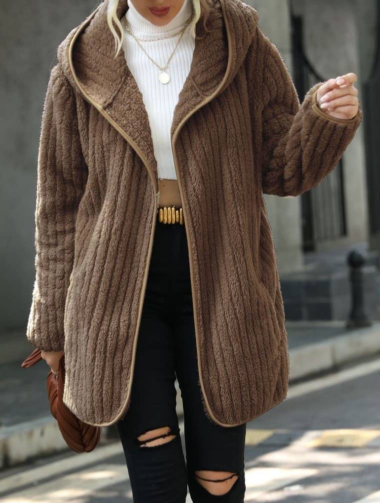 Hooded Loose Plush Buttonless Cardigan
