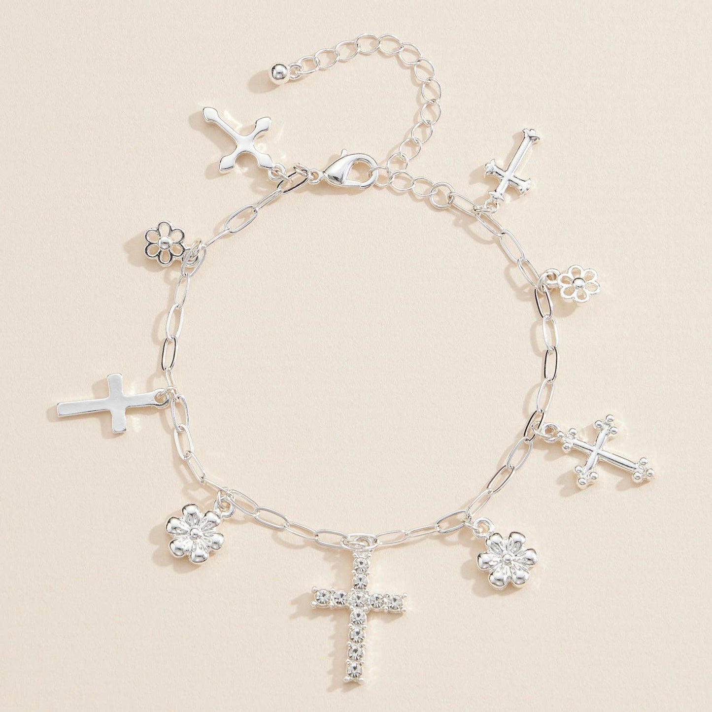 Silver Charm Bracelet with Cross & Floral Pendants