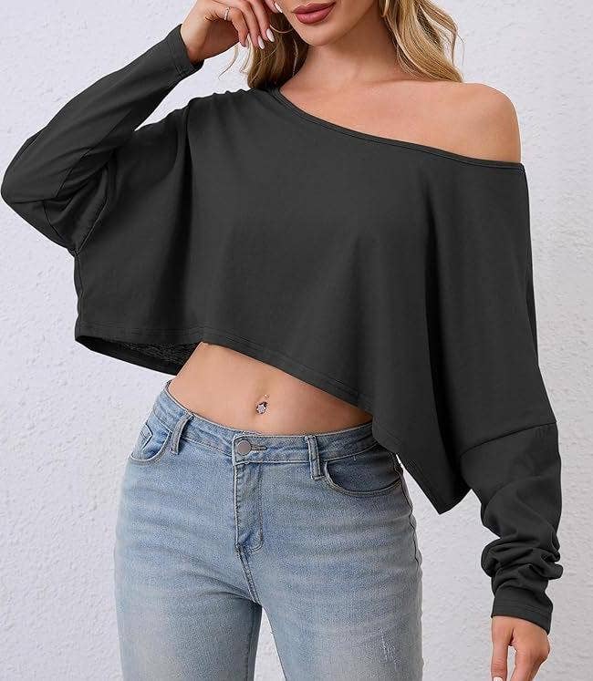 Solid slanted shoulder crop top T-shirt