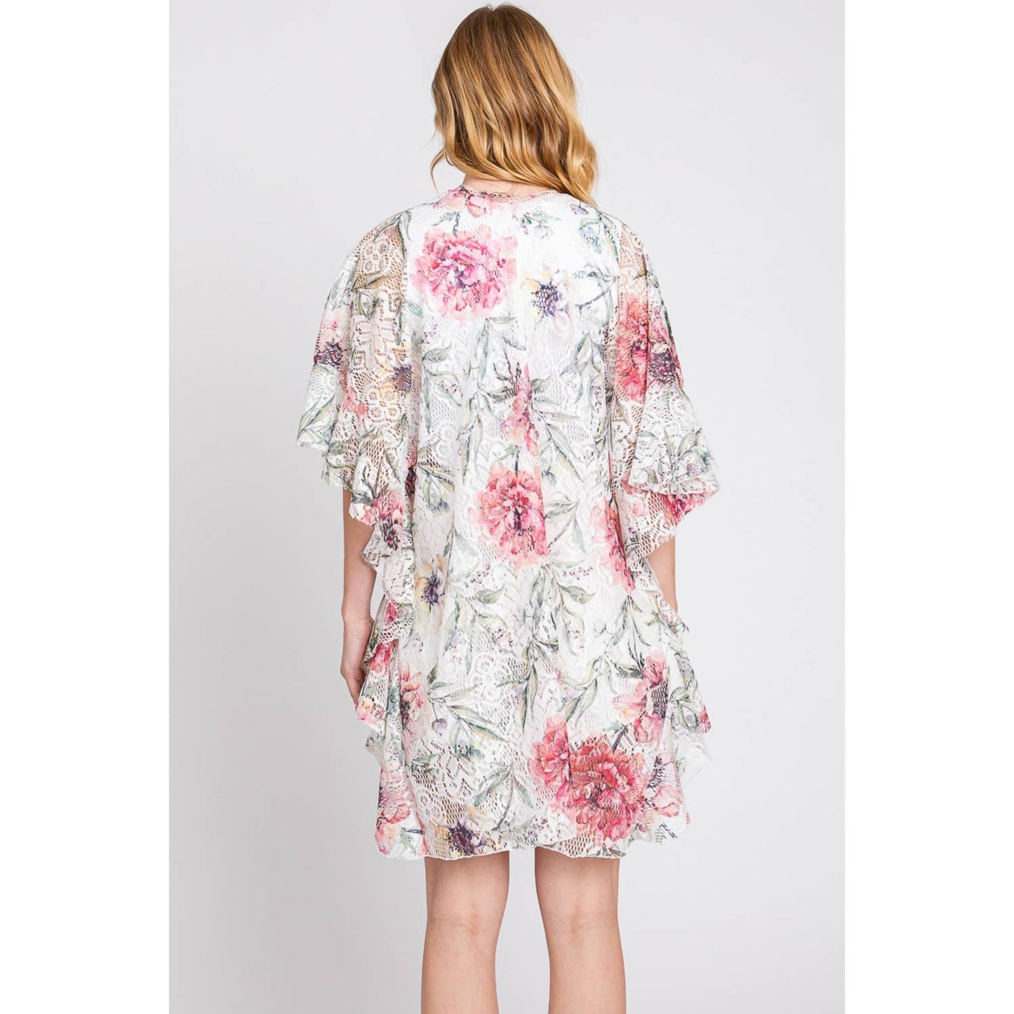 Ruffle Lined Rose Print Open Kimono