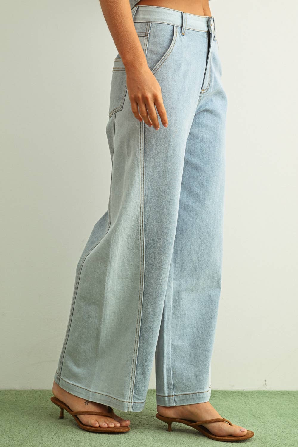 DENIM COLOR BLOCKED WIDE STRAIGHT LEG PANTS (PRE🤍ORDER)