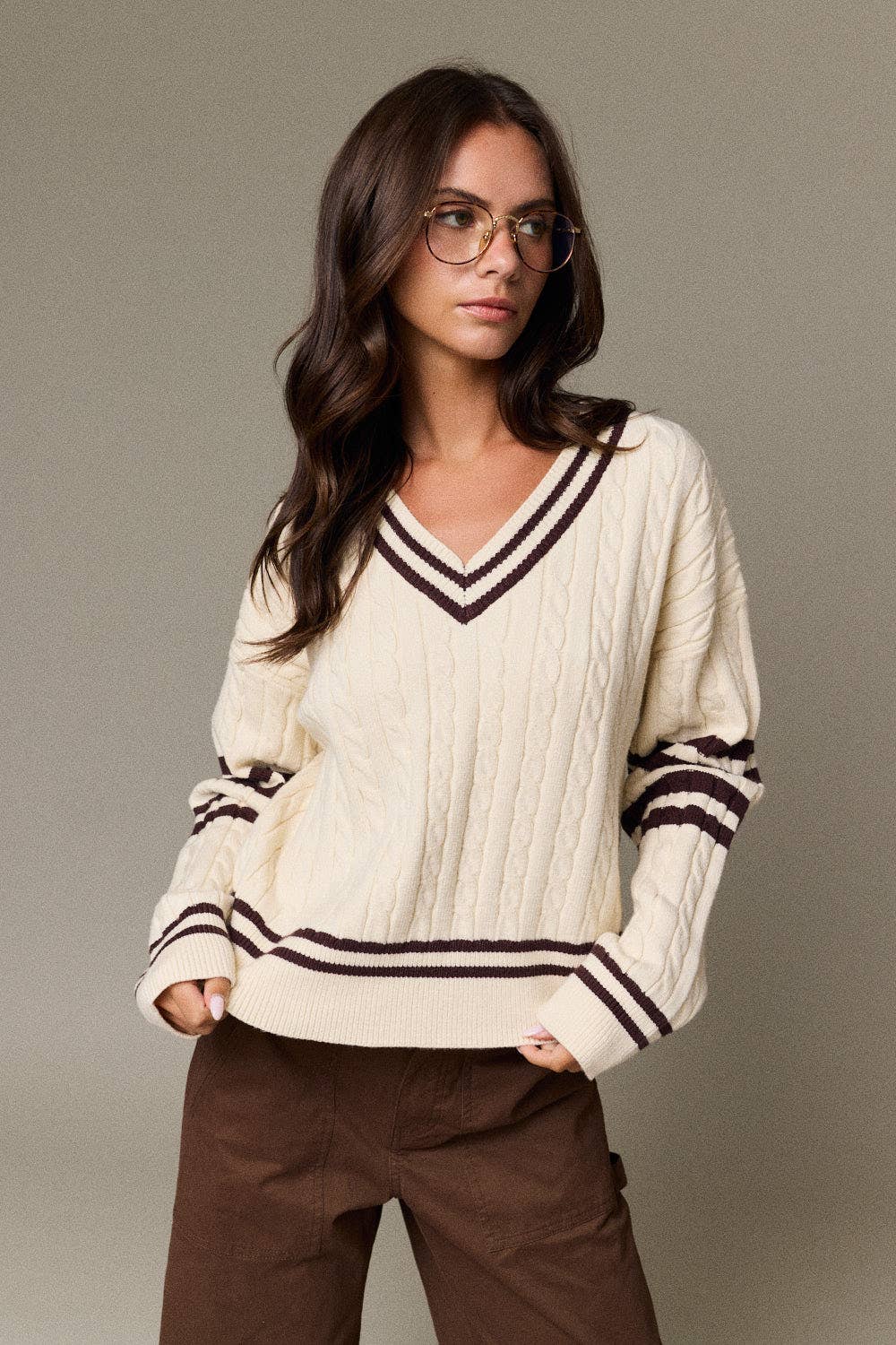 Cable Knit V-Neck Varsity Sweater (PRE🤍ORDER)